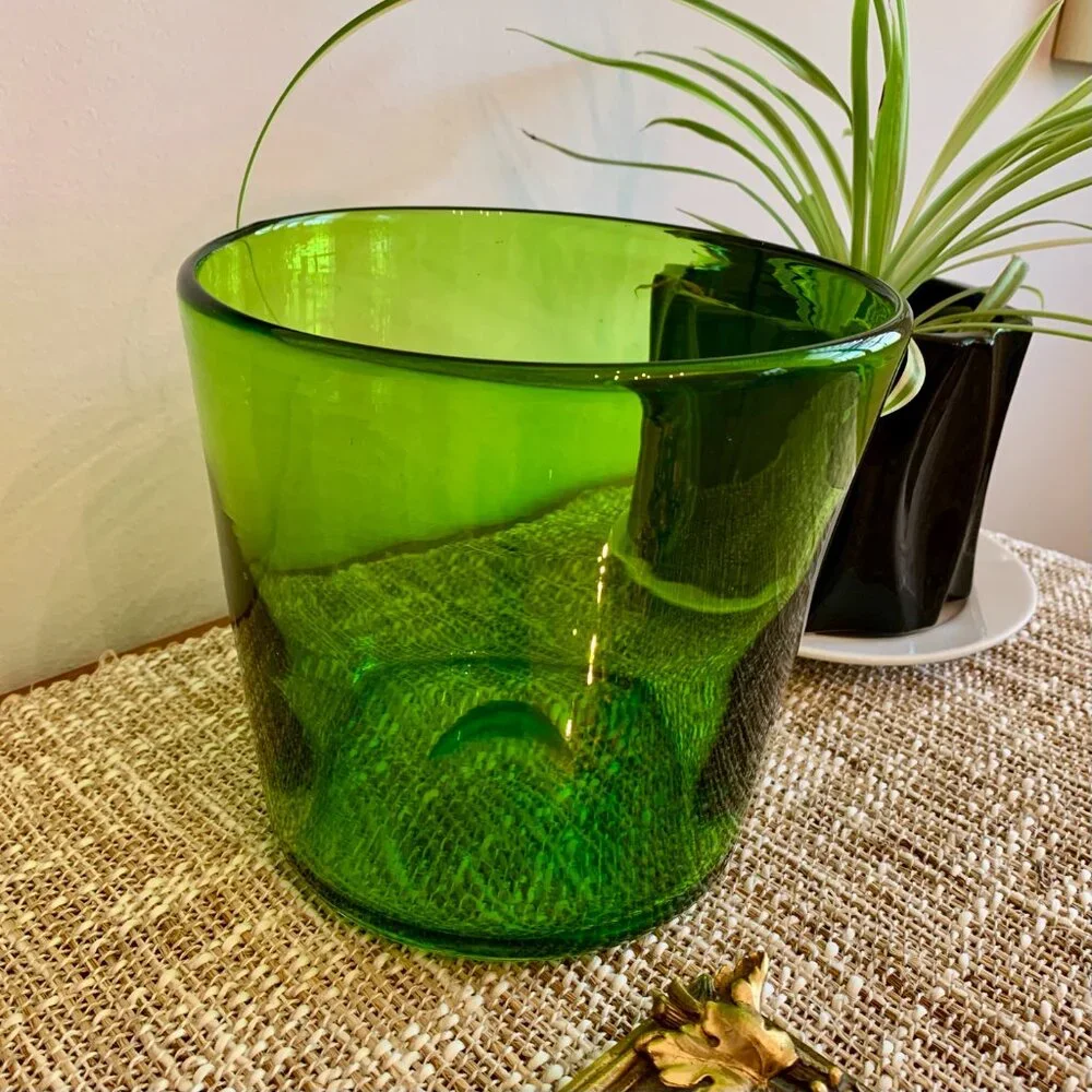 Hand Blown Art Glass Vase/Planter/Ice Bucket Vintage MCM Large Green